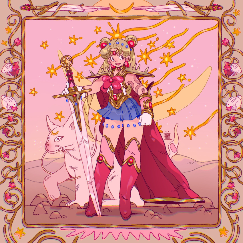 1girl, albabg, animal, bishoujo_senshi_sailor_moon, boots, border, bow, cape