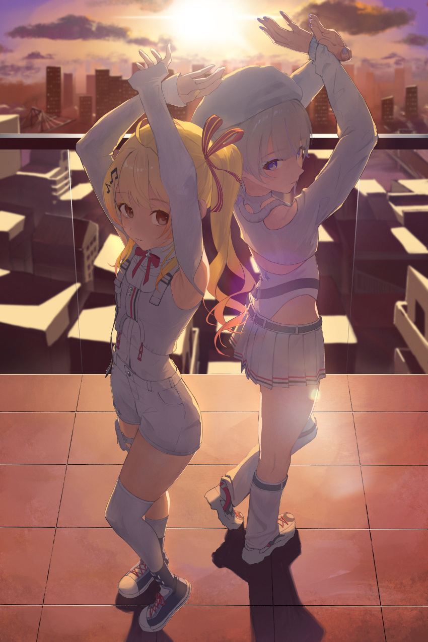 2girls, absurdres, ahoge, arms_up, beret, blonde_hair, city, clothing_cutout, commentary, detached_sleeves, double_side_ponytail, hair_ornament, hair_ribbon, hat, highres, hololive, hololive_dev_is, isolatediev, leotard, long_hair, long_sleeves, looking_at_viewer, multicolored_hair, multiple_girls, musical_note, musical_note_hair_ornament, official_alternate_costume, otonose_kanade, otonose_kanade_(regloss_uniform), outdoors, pleated_skirt, purple_hair, purple_nails, red_eyes, red_ribbon, ribbon, shirt, short_hair, shorts, shoulder_cutout, skirt, streaked_hair, thigh-highs, thigh_strap, todoroki_hajime, todoroki_hajime_(regloss_uniform), two_side_up, violet_eyes, virtual_youtuber, white_hat, white_leotard, white_shirt, white_shorts, white_skirt