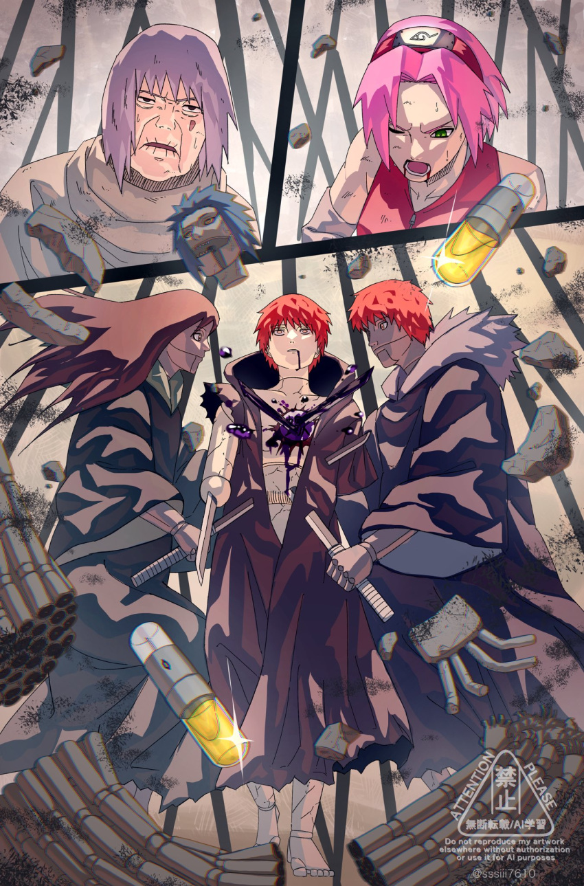 1boy, 2girls, battle, chiyo_(naruto), doll_joints, forehead_protector, green_eyes, grey_hair