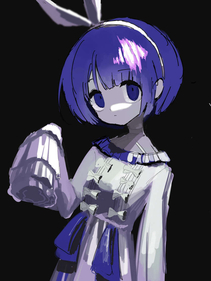 1girl, absurdres, black_background, blue_eyes, blue_hair, bow, bow_hairband, dress