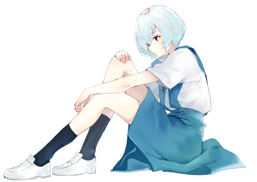 1girl, absurdres, ayanami_rei, black_socks, blue_dress, blue_hair, dress, expressionless