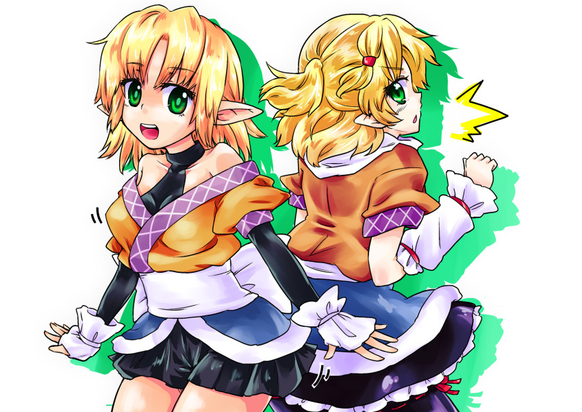 2girls, alternate_costume, arm_warmers, asamori, bare_shoulders, blonde_hair, dual_persona, green_eyes