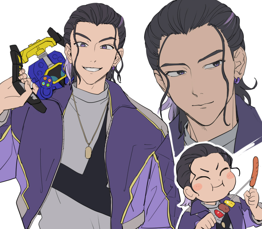 1boy, azkn, bakuage_sentai_boonboomger, black_hair, boonboom_controller, chibi, grey_shirt, highres