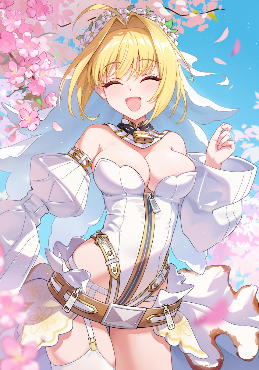 1girl, absurdres, bare_shoulders, belt, blonde_hair, blue_sky, breasts, chain