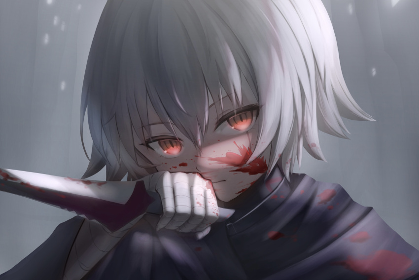 1girl, anata6350, bandaged_hand, bandages, black_cloak, blood, blood_on_clothes, blood_on_face, cloak, commentary, expressionless, fate/grand_order, fate_(series), grey_hair, hair_between_eyes, hand_up, highres, holding, holding_knife, holding_weapon, jack_the_ripper_(fate/apocrypha), knife, looking_at_viewer, red_eyes, short_hair, sidelighting, solo, upper_body, weapon