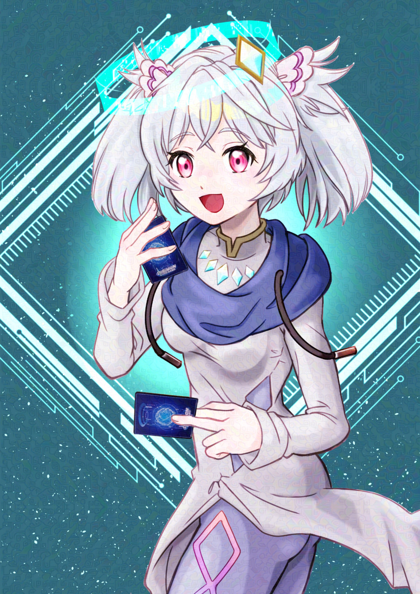 1girl, absurdres, adversarial_noise, blue_background, breasts, card, cowboy_shot, digimon, digimon_alysion, digimon_card_game, dress, futre_(digimon), grey_hair, halo, highres, holding, holding_card, pink_eyes, simple_background, small_breasts, solo, trading_card, tsukaima_(vfcou), twintails, white_dress