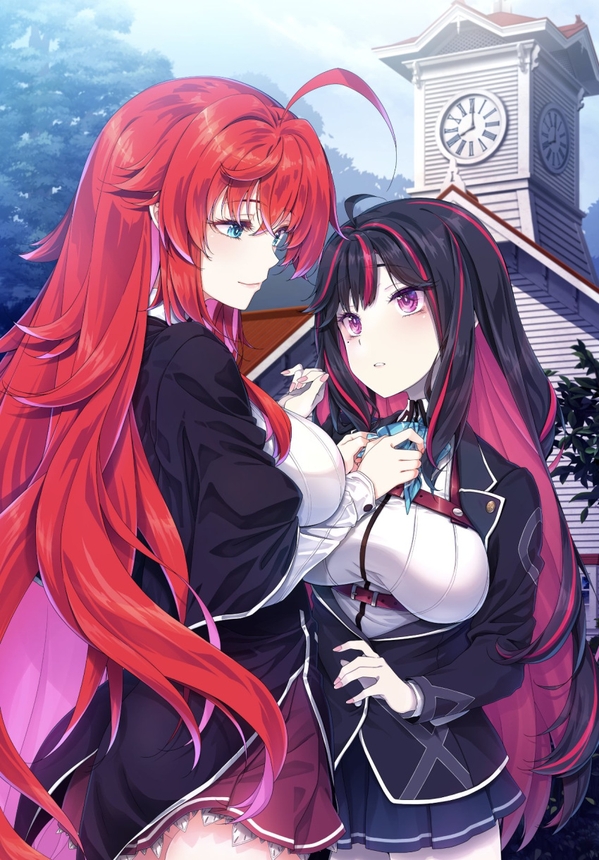 2girls, adjusting_neck_ribbon, ahoge, black_hair, black_jacket, black_skirt, blue_eyes, breasts