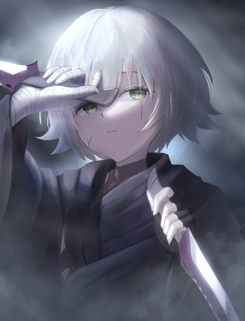 1girl, absurdres, anata6350, arm_up, bandaged_hand, bandages, black_cloak, black_gloves