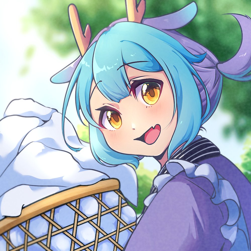 1girl, apron, basket, blue_hair, blush, dragon_girl, dragon_horns, duel_monster