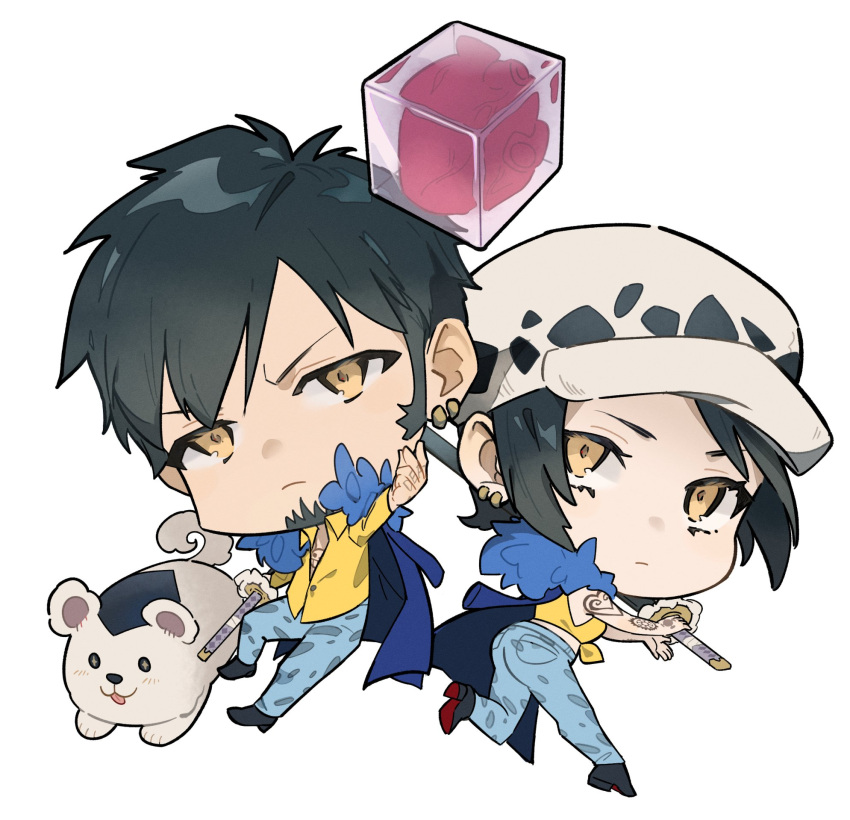 1boy, 1girl, black_hair, blue_pants, chibi, chibi_only, dual_persona, earrings