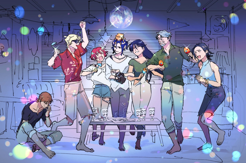 3girls, 4boys, amate_yuzuriha, beard, beeeeetan, black_hair, blonde_hair, blue_hair