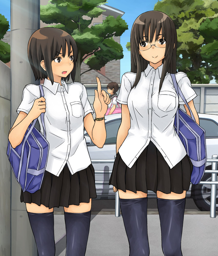 bag, black_eyes, black_legwear, black_thighhighs, brown_hair, car, dress_shirt, earbuds