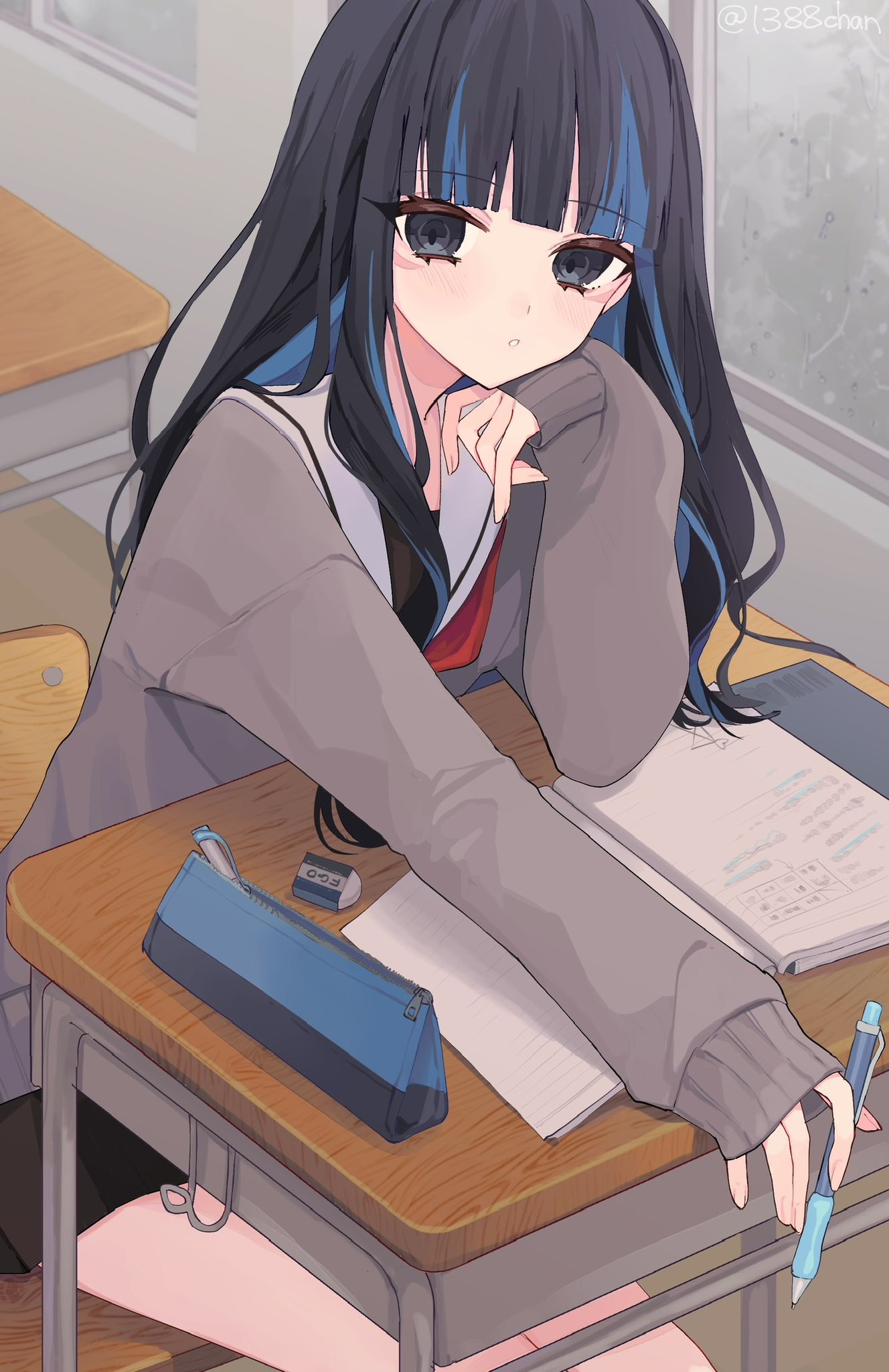 1388chan, 1girl, black_hair, black_skirt, blue_hair, blush, breasts, chair