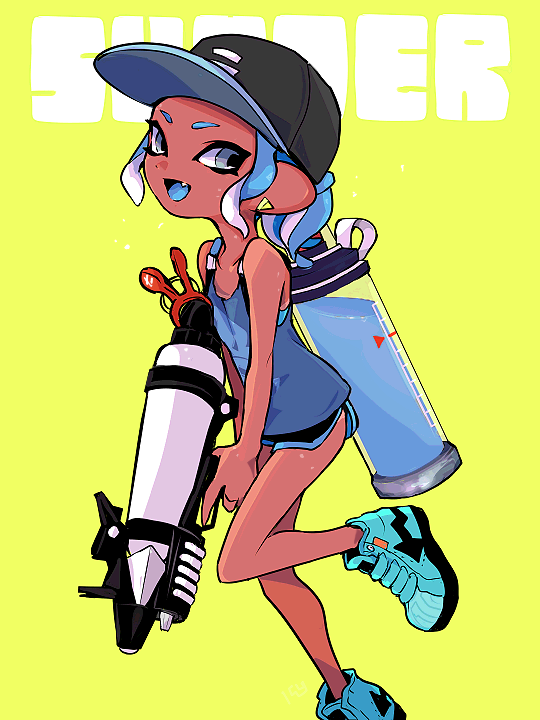 1girl, :d, baseball_cap, black_hat, black_shorts, blue_eyes, blue_hair, blue_shoes