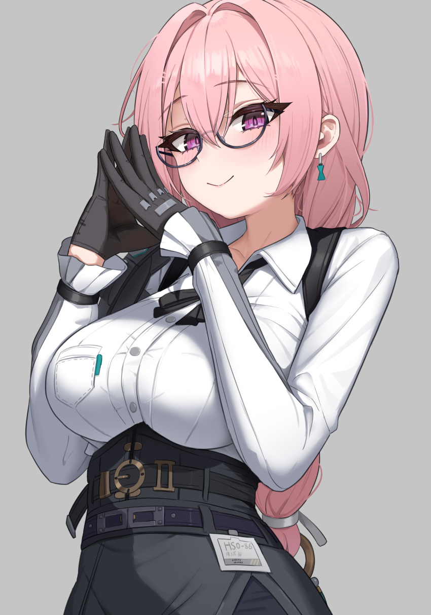 1girl, absurdres, black-framed_eyewear, black_gloves, black_ribbon, black_skirt, blush, breasts, closed_mouth, earrings, glasses, gloves, grey_background, hair_intakes, highres, hourglass_earrings, icetea_art, jewelry, large_breasts, long_hair, long_sleeves, looking_at_viewer, neck_ribbon, own_hands_together, pink_eyes, pink_hair, ribbon, semi-rimless_eyewear, shirt, simple_background, skirt, smile, solo, tsukishiro_yanagi, under-rim_eyewear, underbust, white_shirt, zenless_zone_zero