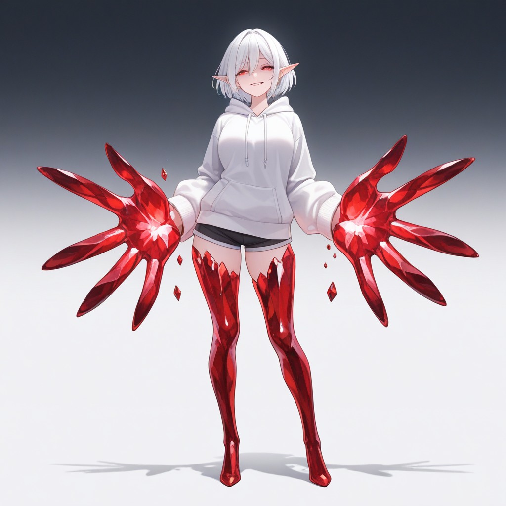 1girl, ai-generated, crystal, crystal_feet, crystal_hand, crystal_shards, elf, evil_smile, hood, hoodie, non-web_source, original, pointy_ears, red_eyes, short_hair, shorts, smile, solo, solo_focus, white_hair, white_hoodie