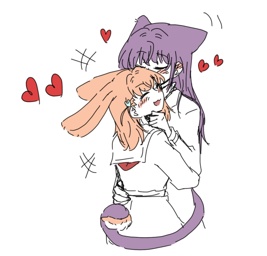 +++, 2girls, :3, :d, ^_^, animal_ears, blush, cat_ears, cat_girl, cat_tail, cerise_bouquet, closed_eyes, commentary_request, cropped_legs, crossed_bangs, hair_ornament, hasu_no_sora_school_uniform, heart, highres, hinoshita_kaho, hug, kemonomimi_mode, korean_commentary, link!_like!_love_live!, long_hair, long_sleeves, love_live!, medium_hair, multiple_girls, neckerchief, open_mouth, orange_hair, otomune_kozue, partially_colored, purple_hair, rabbit_ears, rabbit_girl, rabbit_hair_ornament, rabbit_tail, raon_515, red_neckerchief, sailor_collar, school_uniform, sidelocks, simple_background, smile, tail, tails_touching, two_side_up, u_u, virtual_youtuber, white_background, winter_uniform, yuri