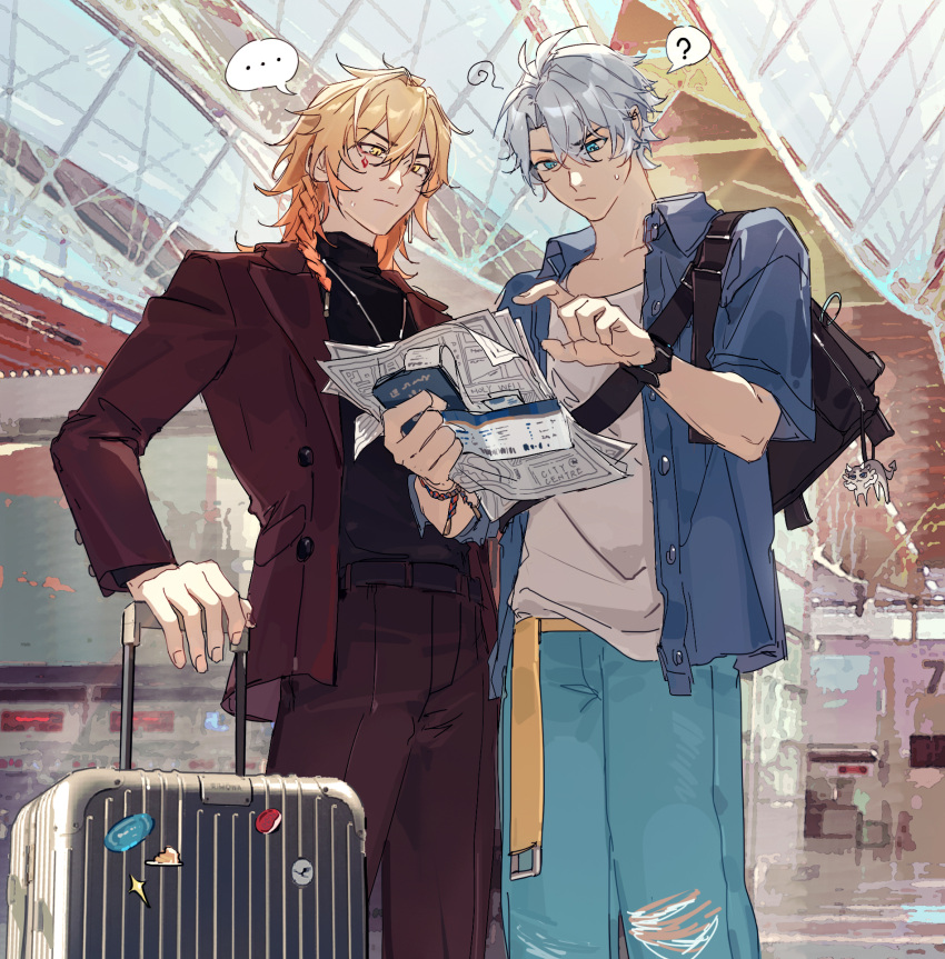 ..., 2boys, ?, alternate_costume, antenna_hair, belt, black_bag, black_belt