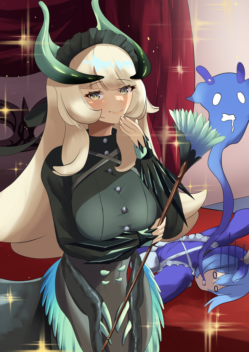 2girls, absurdres, apron, arerex, arm_under_breasts, bed, blue_hair, blush, breasts, chamber_dragonmaid, closed_mouth, dragon_girl, dragon_horns, dragon_tail, dragon_wings, duel_monster, exhausted, feathered_wings, frilled_apron, frills, highres, holding, holding_brush, horns, large_breasts, laundry_dragonmaid, long_hair, long_sleeves, looking_at_viewer, lying, maid, maid_apron, maid_headdress, multiple_girls, on_bed, on_stomach, open_mouth, smile, tail, wa_maid, white_hair, wings, yellow_eyes, yu-gi-oh!