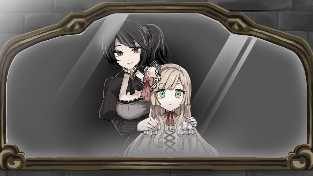 bare_shoulders, black_dress, black_hair, blonde_hair, bow, breasts, brooch, c3_games