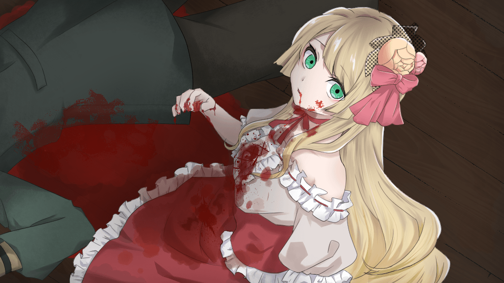 bare_shoulders, blonde_hair, blood, blood_from_mouth, blood_on_clothes, blood_on_face, blood_on_hands, bow