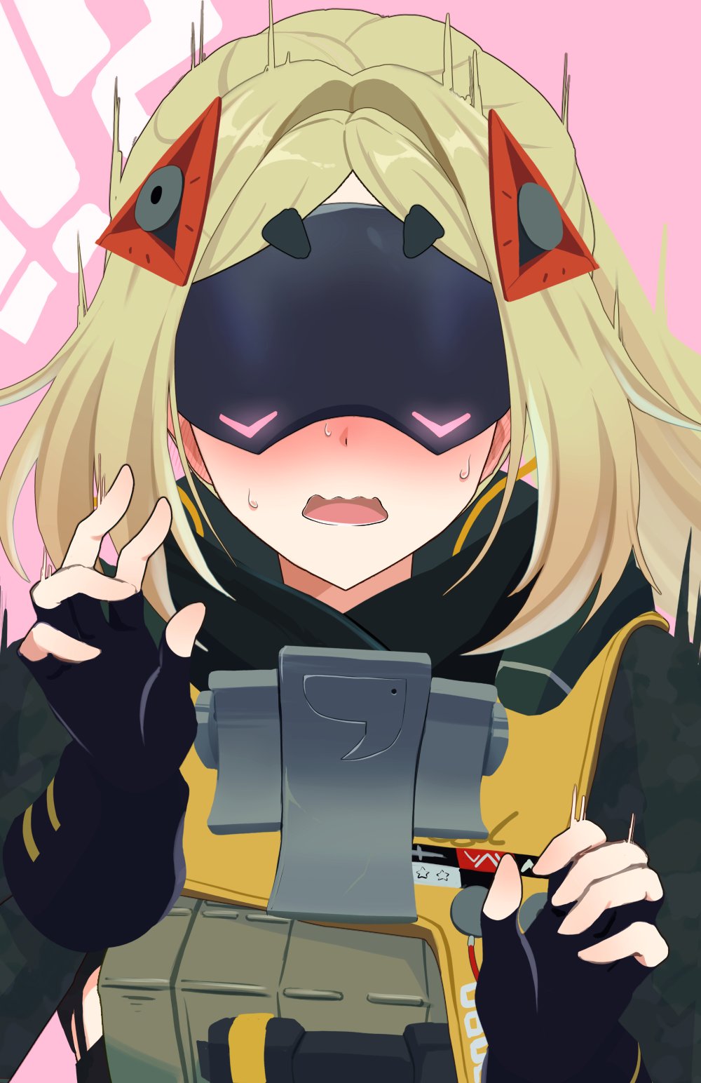 !?, 1girl, black_gloves, blonde_hair, blush, bulletproof_vest, camouflage, camouflage_jacket