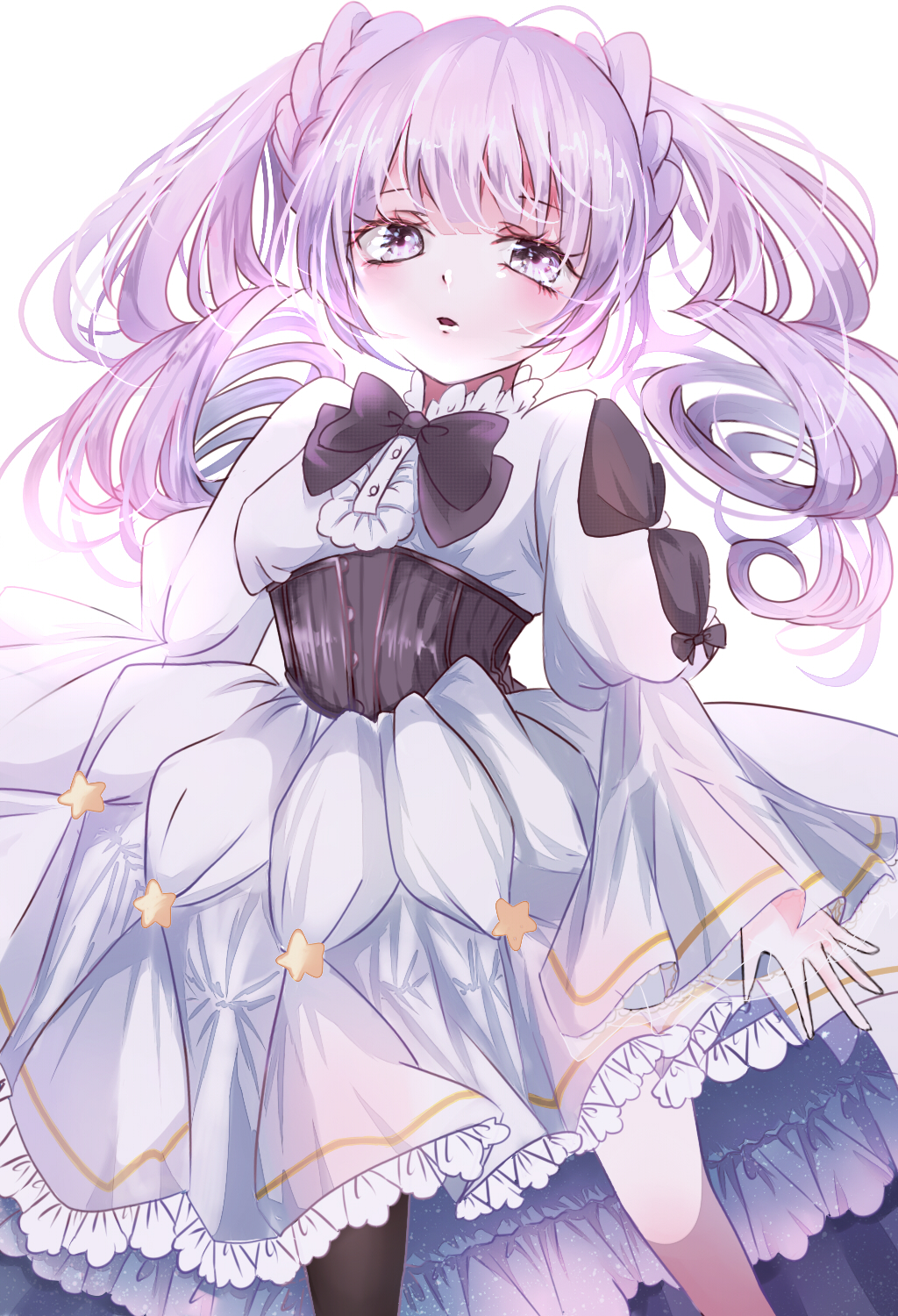 1girl, asymmetrical_legwear, black_bow, black_corset, blunt_bangs, blush, bow, braid