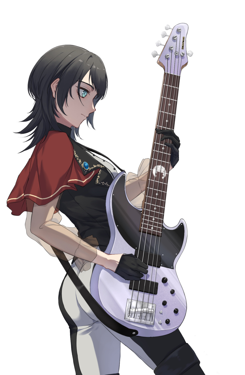 1girl, 5-string_bass_guitar, ass, bang_dream!, bang_dream!_it's_mygo!!!!!, black_gloves, black_hair, black_pantyhose, black_vest, blue_eyes, closed_mouth, commentary, electric_bass_guitar, english_commentary, gloves, highres, medium_hair, miyamu, panties, pants, pantyhose, see-through_clothes, see-through_sleeves, simple_background, solo, timoris_(bang_dream!), two-tone_pants, underwear, variant_set, vest, white_background, white_panties, yahata_umiri
