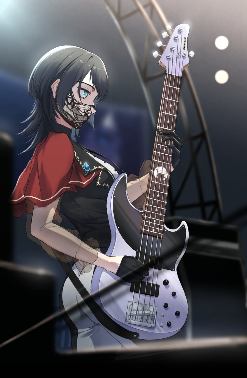 1girl, 5-string_bass_guitar, ass, bang_dream!, bang_dream!_it's_mygo!!!!!, black_gloves, black_hair, black_mask