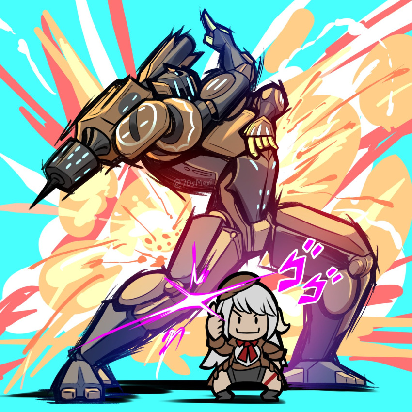 1girl, 1other, au_ra, automaton_queen, chibi, explosion, explosion_background, final_fantasy