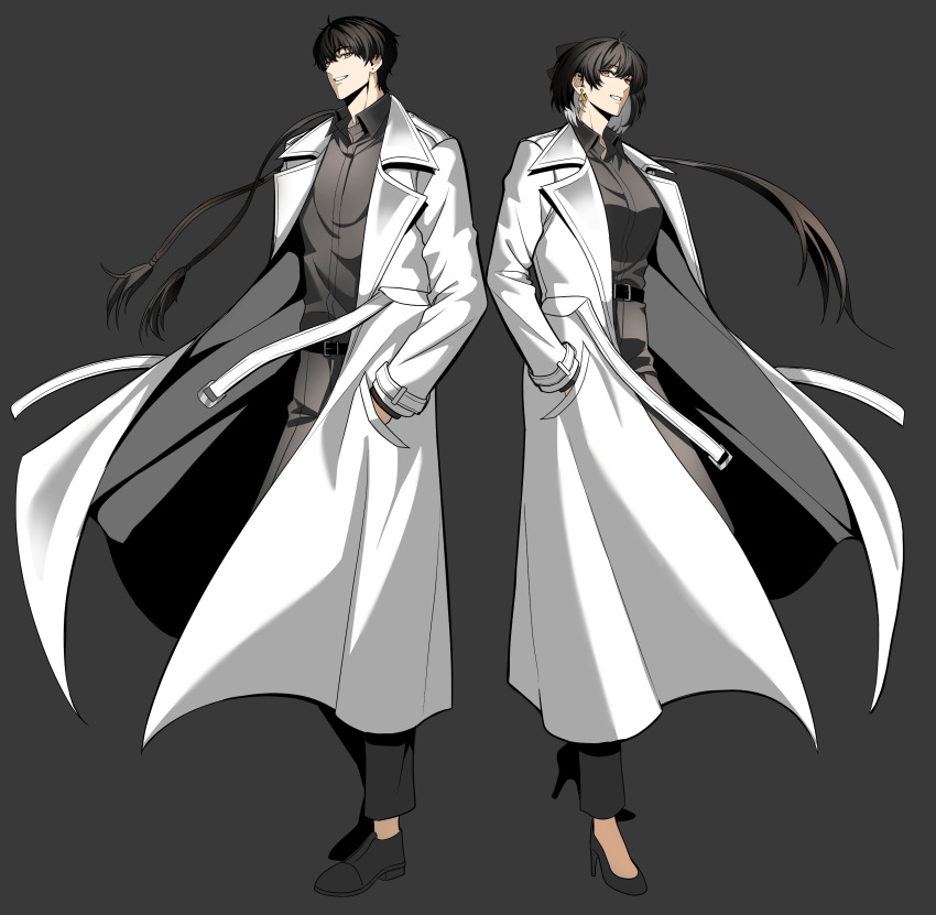 1boy, 1girl, absurdres, belt, black_belt, black_hair, black_shoes, coat
