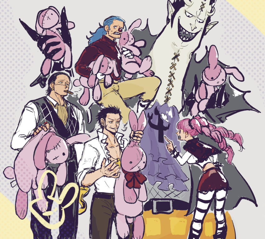 1girl, 4boys, ascot, black_hair, blue_hair, buggy_the_clown, cigar, crocodile_(one_piece)