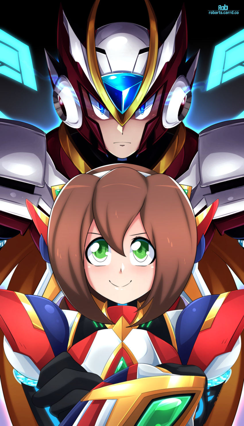 1boy, 1girl, absurdres, armor, axasempai, blue_eyes, blue_wings, brown_hair, crossed_arms, dive_armor_iris_(mega_man), energy_wings, forehead_jewel, glowing, glowing_eyes, green_eyes, helmet, highres, iris_(mega_man), looking_at_viewer, mega_man_(series), mega_man_x_(series), mega_man_x_dive, red_armor, red_helmet, smile, smug, upper_body, wings, zero_(mega_man)