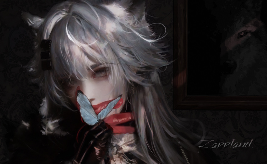 1girl, absurdres, animal_ears, arknights, bug, butterfly, butterfly_on_hand, gloves