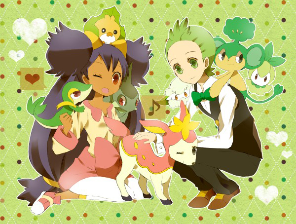 1boy, 1girl, axew, brown_eyes, dark_skin, deerling, dent_(pokemon), food
