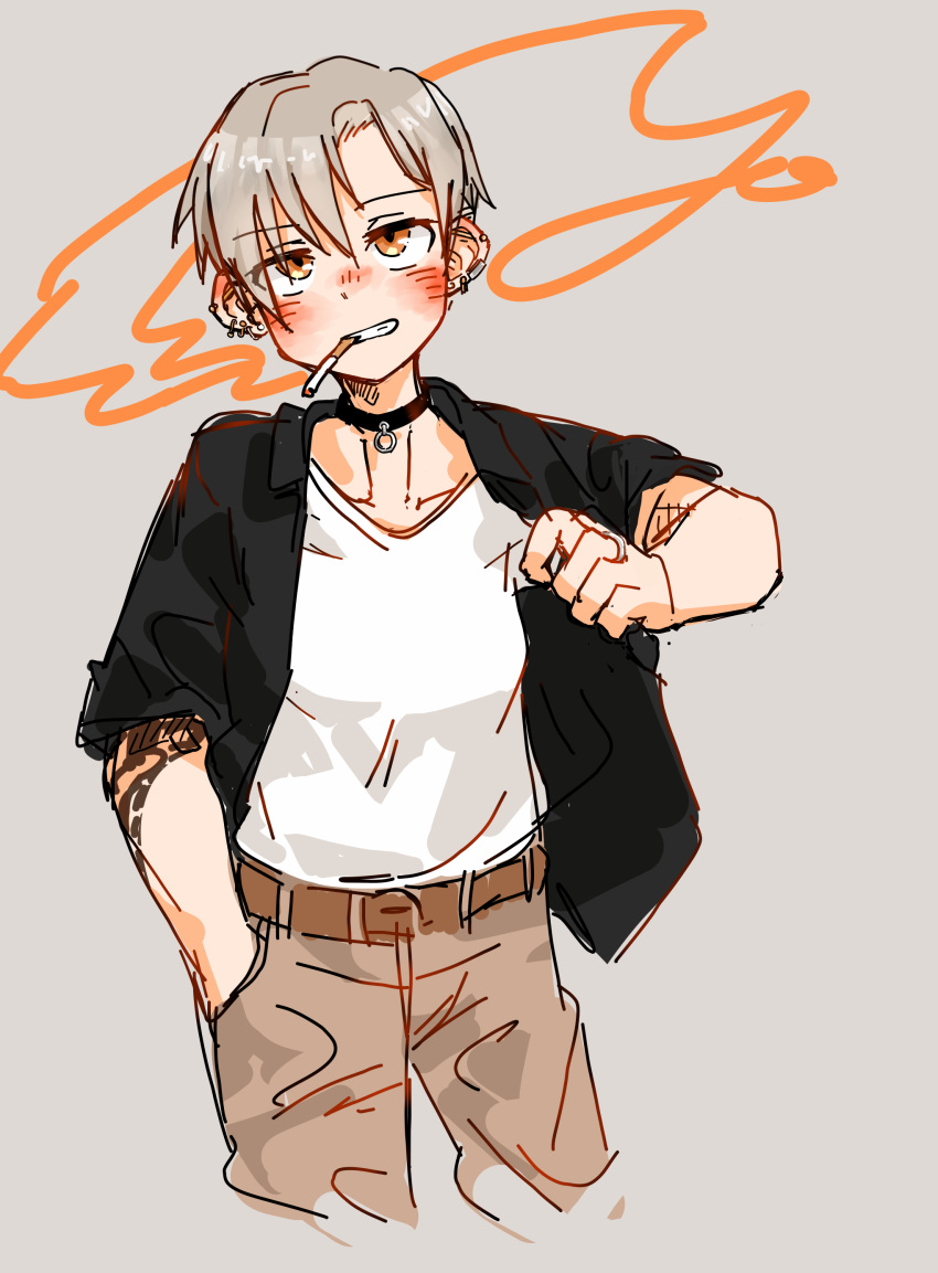 1girl, absurdres, belt, black_choker, black_shirt, blush, brown_belt, brown_pants