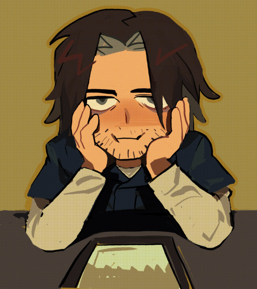 1boy, :t, beard_stubble, blue_eyes, blue_shirt, brown_hair, closed_mouth, cud207