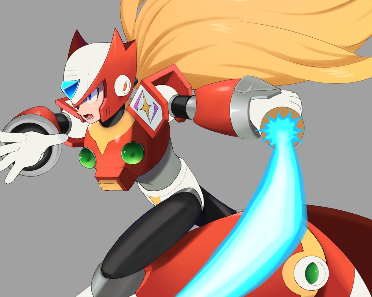 1boy, android, armor, blonde_hair, chest_jewel, energy_sword, forehead_jewel, green_eyes
