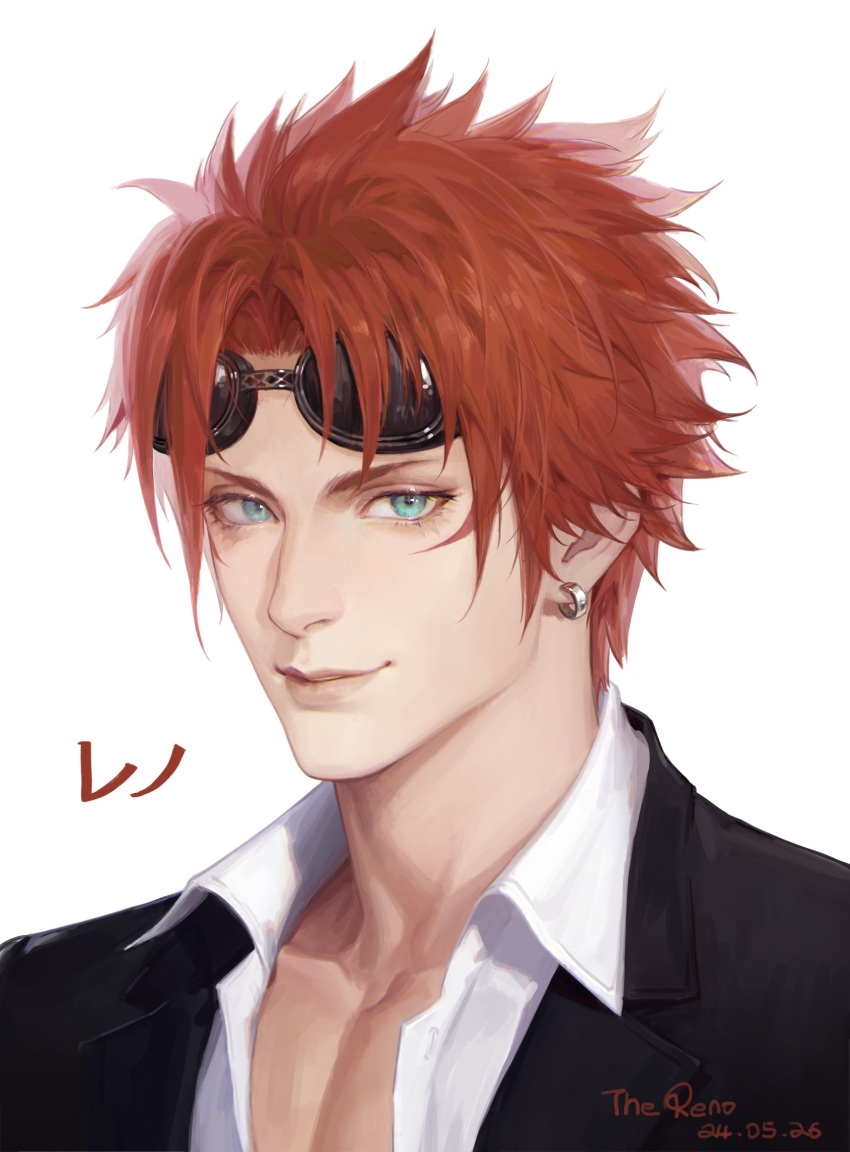 1boy, bare_pectorals, black_jacket, blue_eyes, closed_mouth, collarbone, collared_shirt, curtained_hair