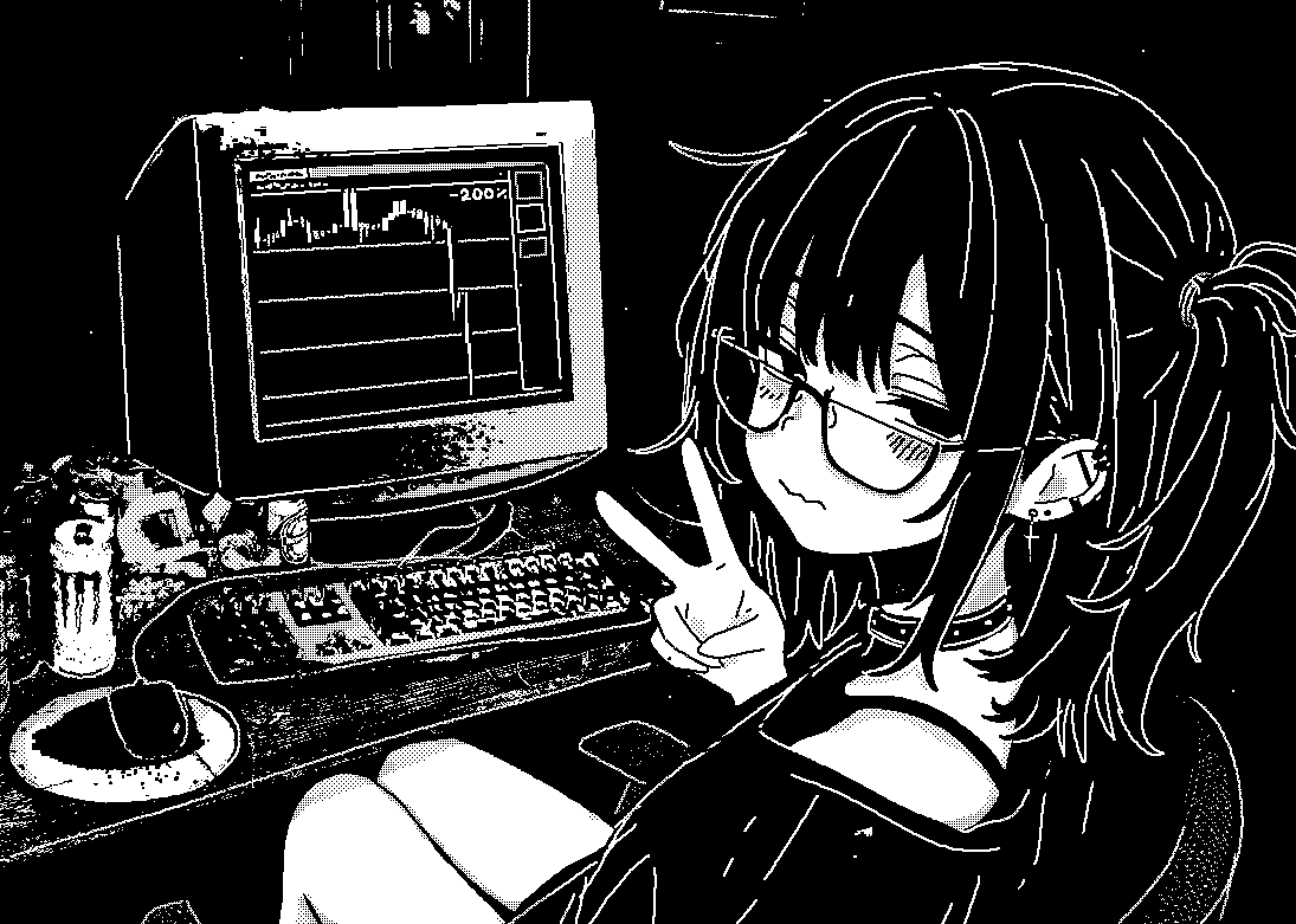 1girl, armrest, black_choker, bra_strap, can, chair, choker, computer