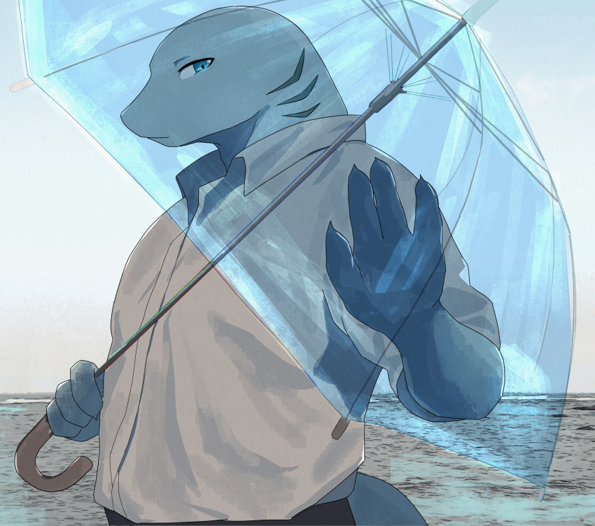 1boy, blue_eyes, claws, closed_mouth, commentary_request, fins, fish_tail, furry