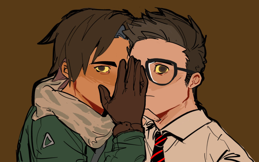 2boys, arm_up, black-framed_eyewear, brown_background, brown_eyes, brown_gloves, brown_hair, chinese_commentary
