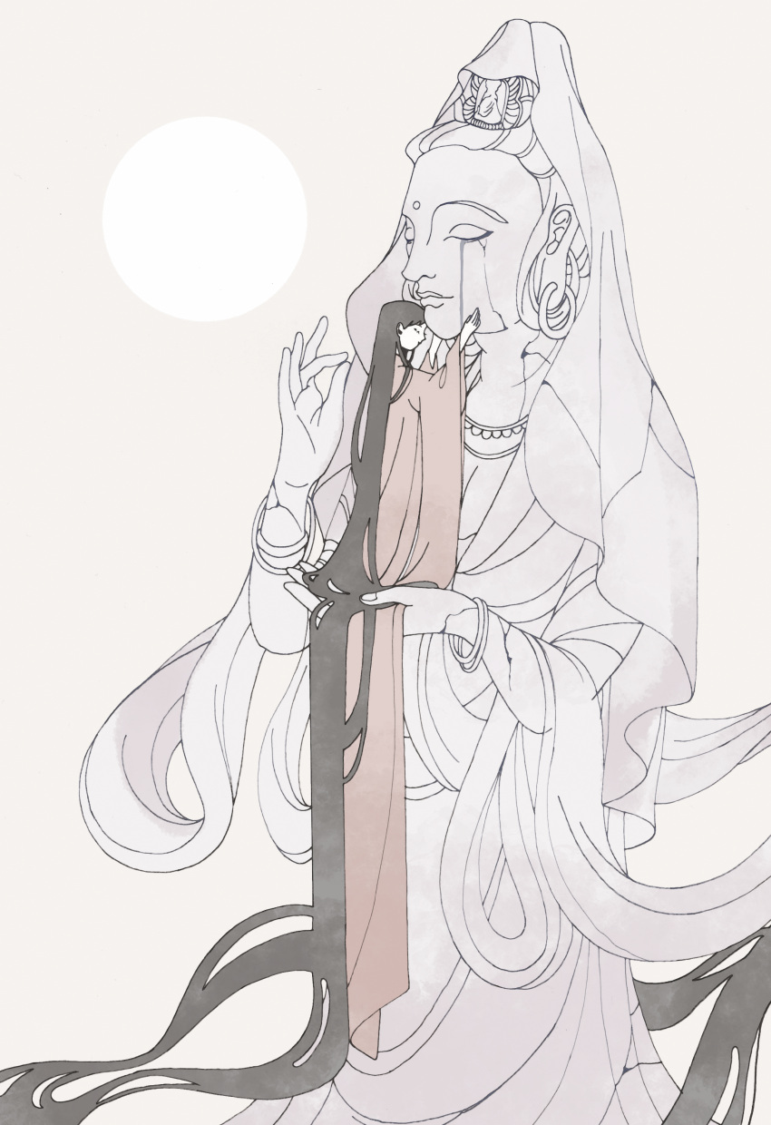 1girl, absurdly_long_hair, absurdres, bangle, black_hair, bracelet, buddhism, closed_eyes