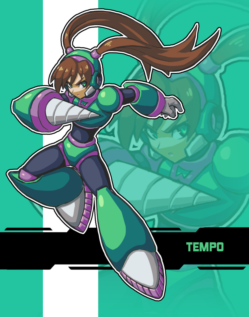1girl, armor, brown_hair, character_name, drill, full_body, green_armor, green_background, highres, long_hair, mega_man_(classic), mega_man_(series), quake_woman, simple_background, solo_focus, tennasi19, twintails, zoom_layer