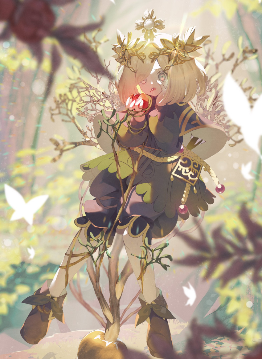 1boy, aromage_laurel, blonde_hair, branch, bug, butterfly, duel_monster, food