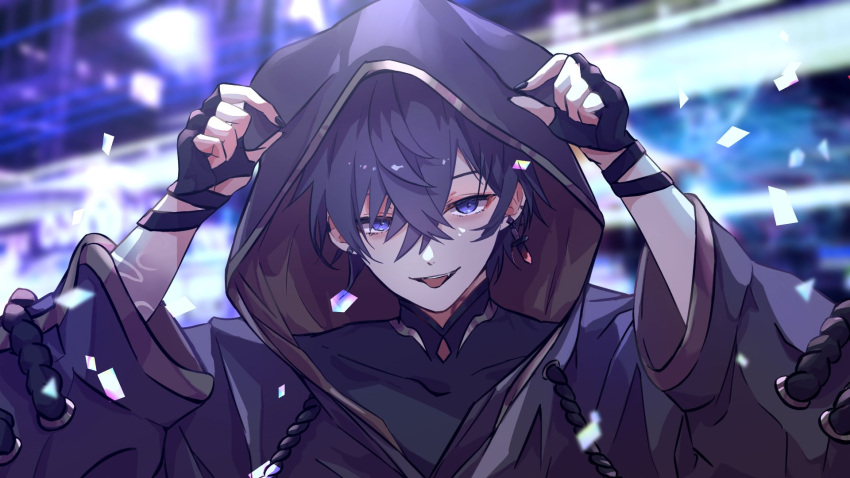 1boy, arms_up, black_gloves, black_hair, black_hoodie, black_nails, black_shirt, blurry, blurry_background, collarbone, commentary, confetti, covered_collarbone, crossed_bangs, ear_piercing, earrings, fingerless_gloves, gloves, hair_between_eyes, highres, hood, hood_up, hoodie, indie_virtual_youtuber, jewelry, long_sleeves, male_focus, nail_polish, open_mouth, piercing, s_mizuki666, shirt, shoto_(vtuber), solo, teeth, tongue, tongue_out, upper_body, upper_teeth_only, violet_eyes, virtual_youtuber