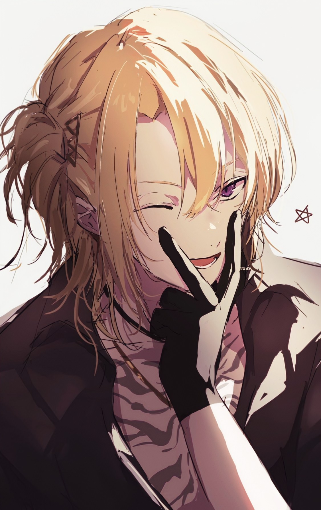 1boy, arm_up, black_gloves, black_shirt, blonde_hair, collared_shirt, commentary, gloves