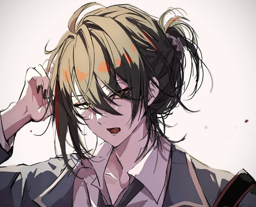 1boy, arm_up, black_nails, black_necktie, blue_jacket, brown_hair, claw_hair_clip, collarbone