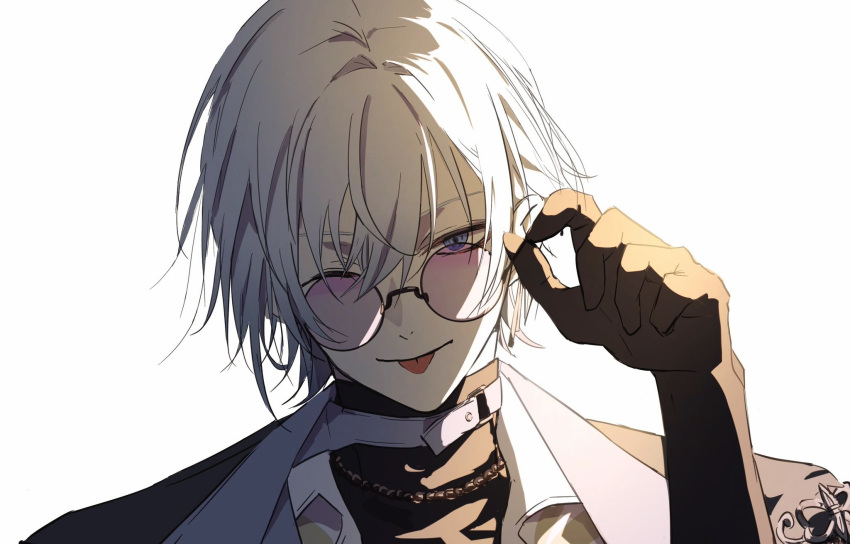 1boy, arm_up, belt_collar, black_shirt, blue_eyes, closed_eyes, collar, commentary