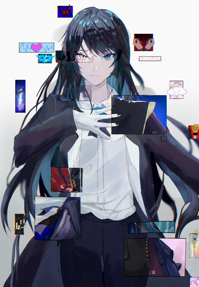 1girl, ado_(utaite), black_bow, black_hair, black_nails, blue_eyes, blue_hair, bow